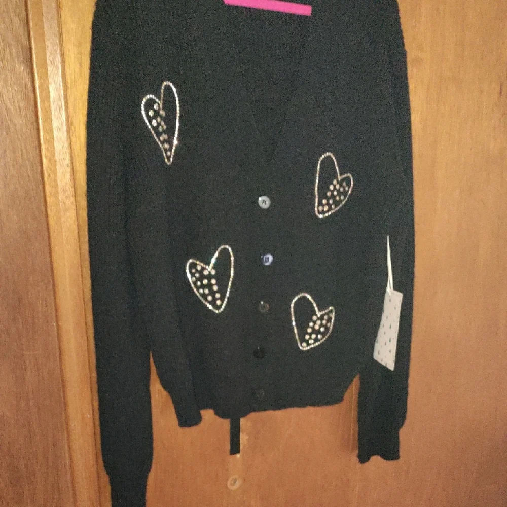 Black Long Sleeve Cardigan With Rhinestone Hearts - Picture 2 of 9